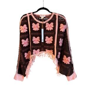 NWT House of Harlow 1960 Crochet Fringed Poncho Pink Bows OS Brown Boho